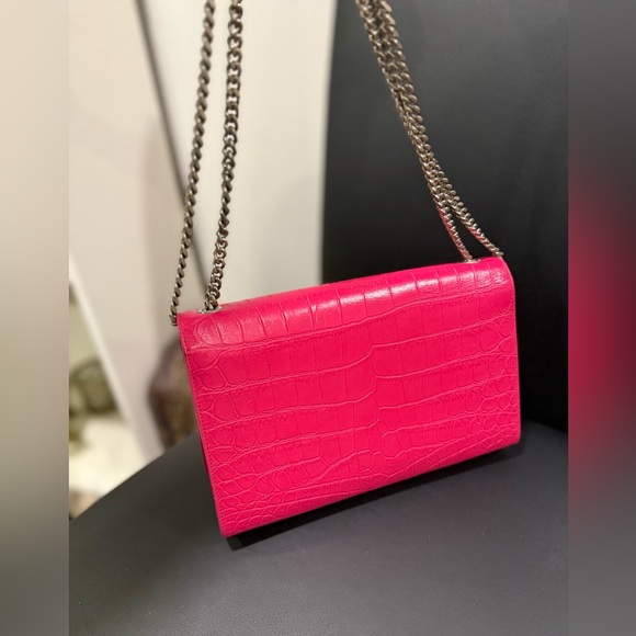 YSL Calfskin Croc Embossed Medium Classic Monogram Kate Tassel Fuchsia - Picture 5 of 13
